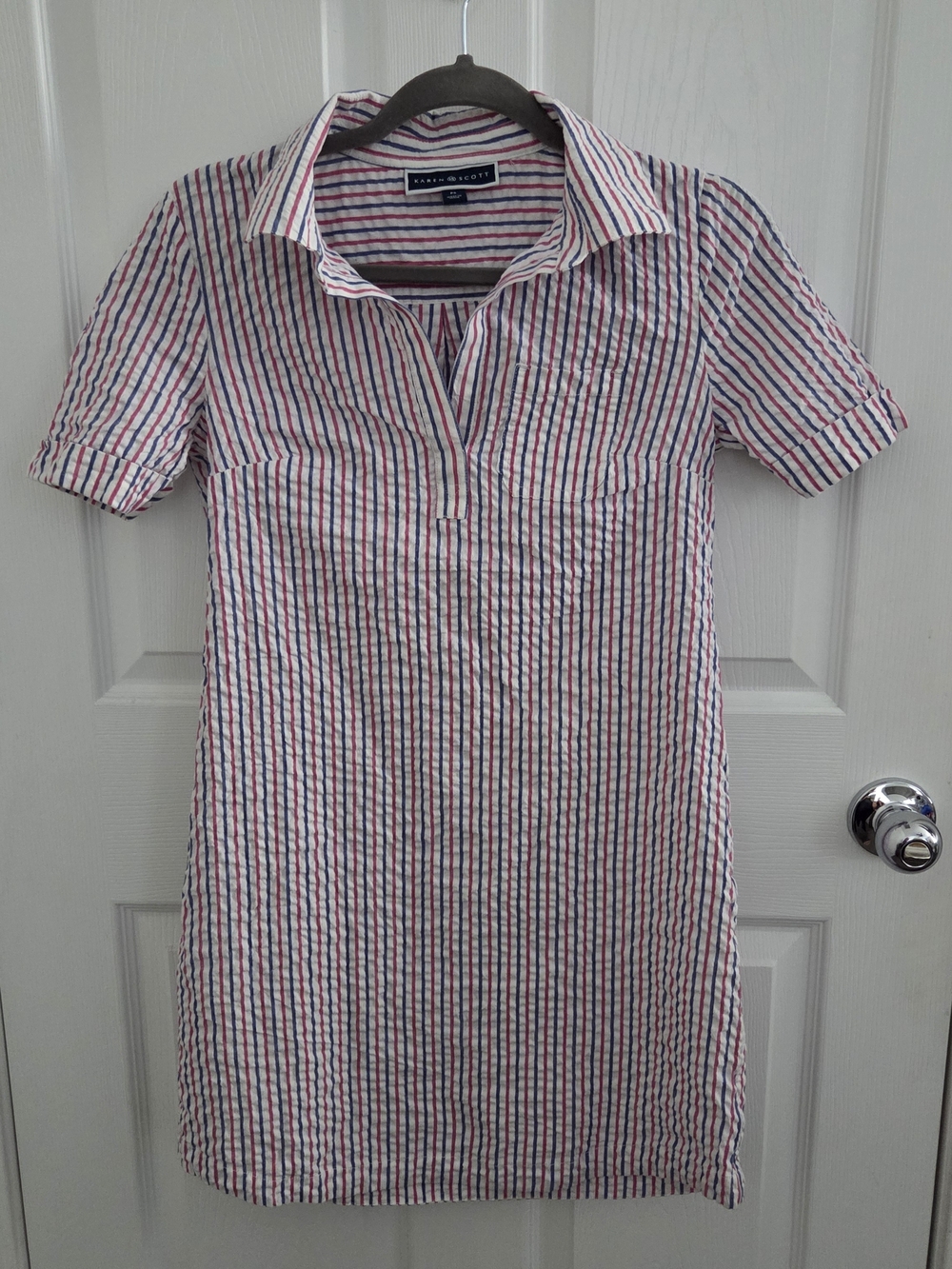 Karen Scott Red, White & Blue Striped Short Sleeve Shirt Dress